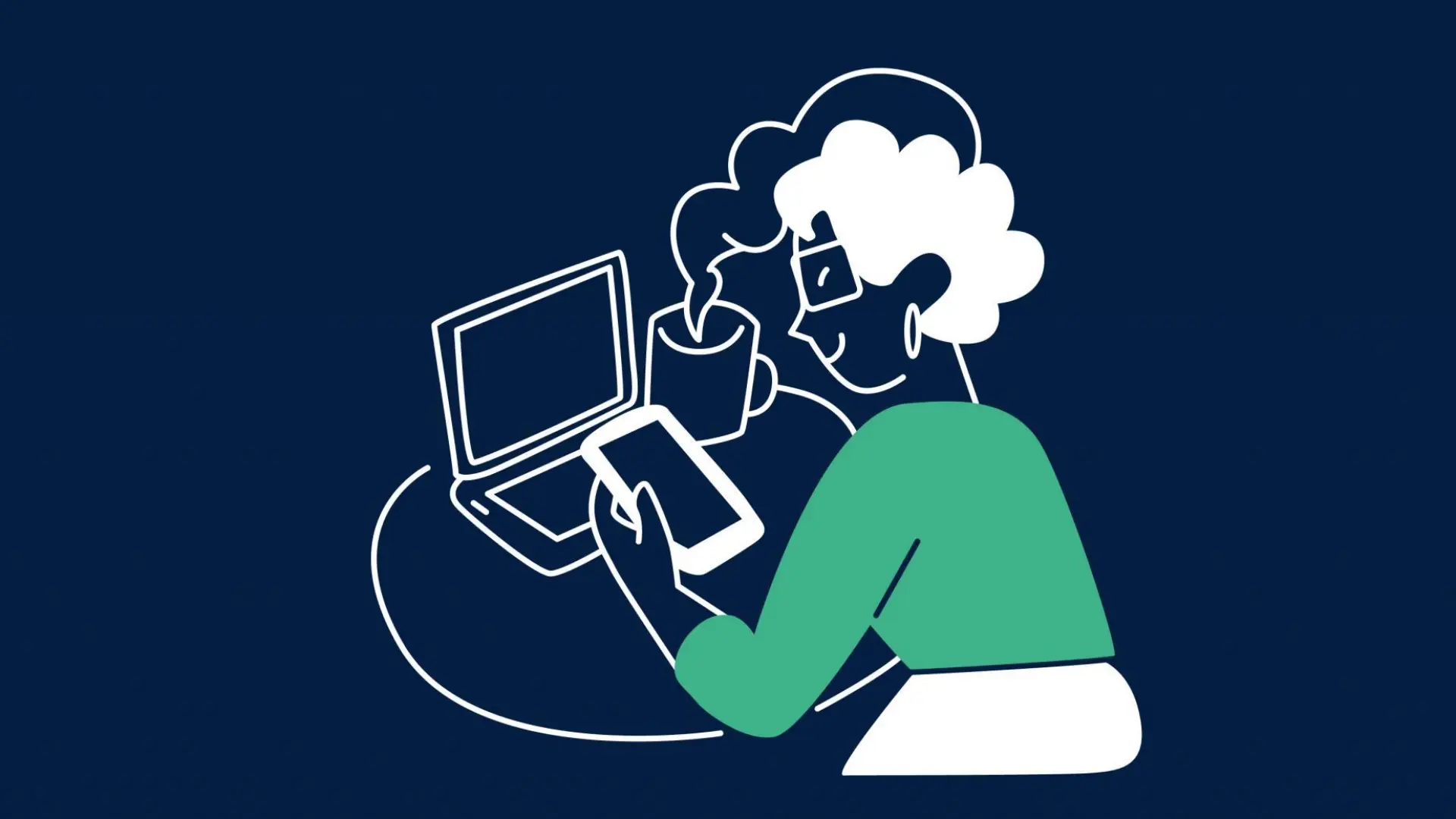 Illustration einer Frau, die gleichzeitig auf ihr Smartphone und ihren Laptop schaut 