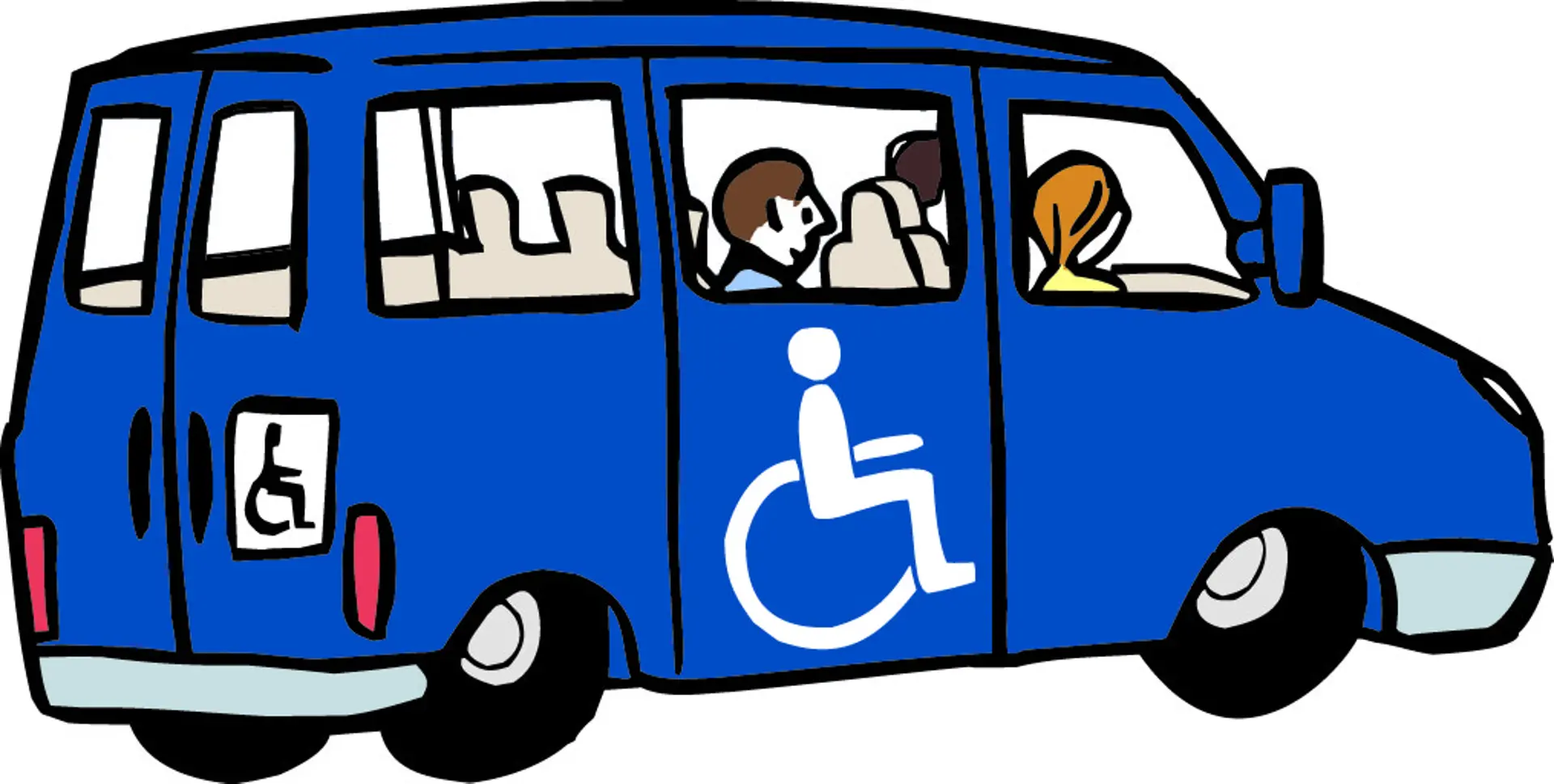 Illustration von einem Kleinbus mit Rollstuhlsymbol an der Seite, der auf einen behindertengerechten Transport hinweist. Im Fahrzeug sitzen mehrere Personen