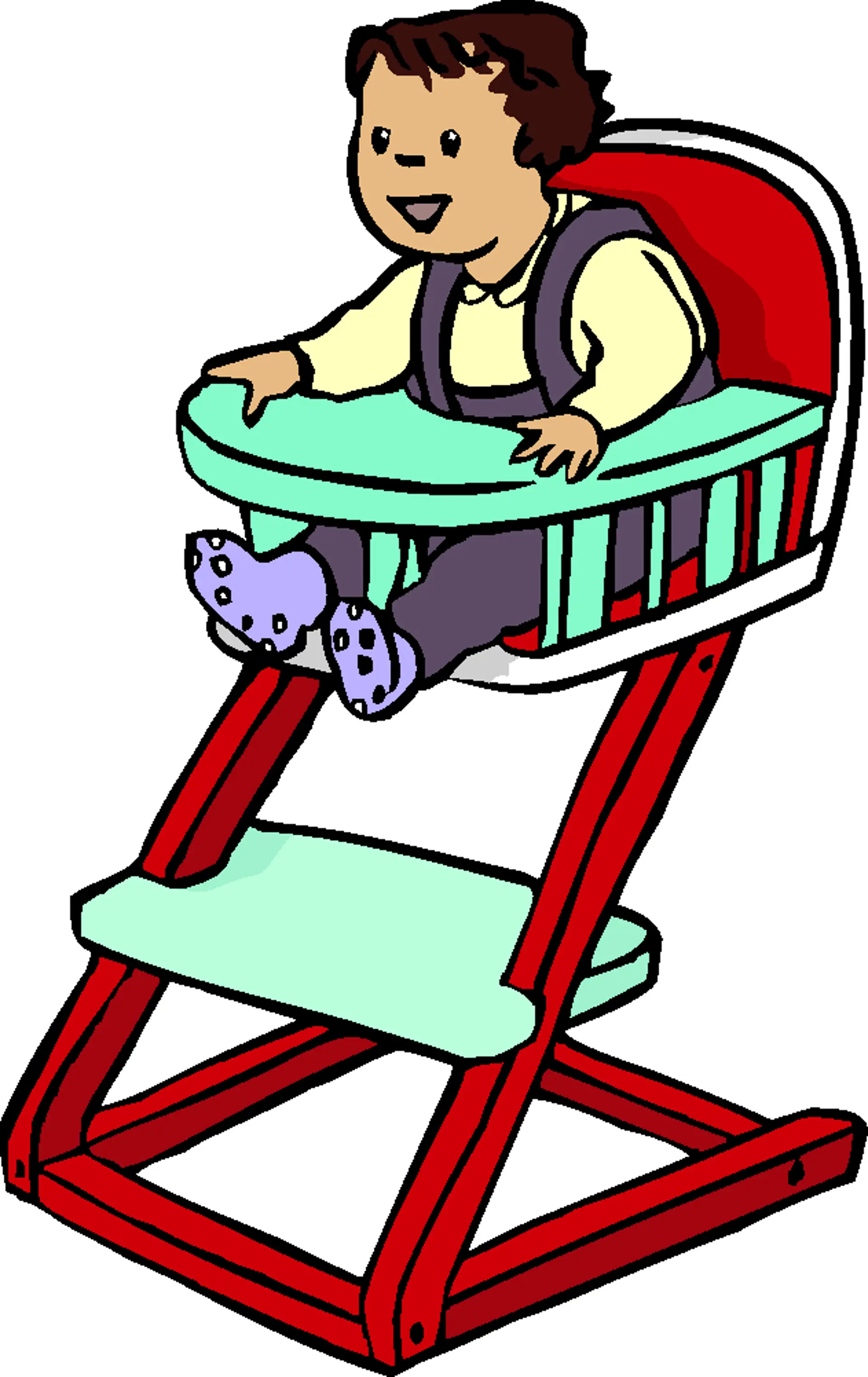 Illustration von einem Baby, das in einem Hochstuhl sitzt und fröhlich seine Arme und Beine nach vorne streckt