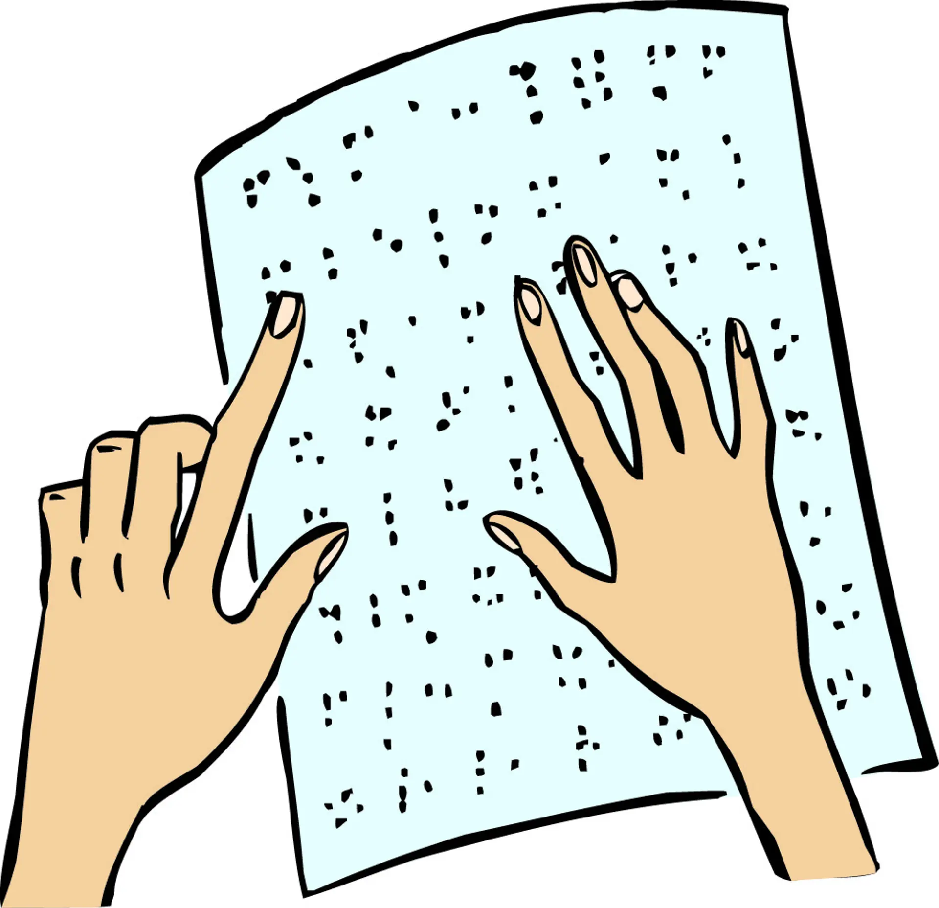 Illustration von zwei Händen, die über ein Blatt mit Brailleschrift, sprich Punktschrift für blinde Menschen, tasten