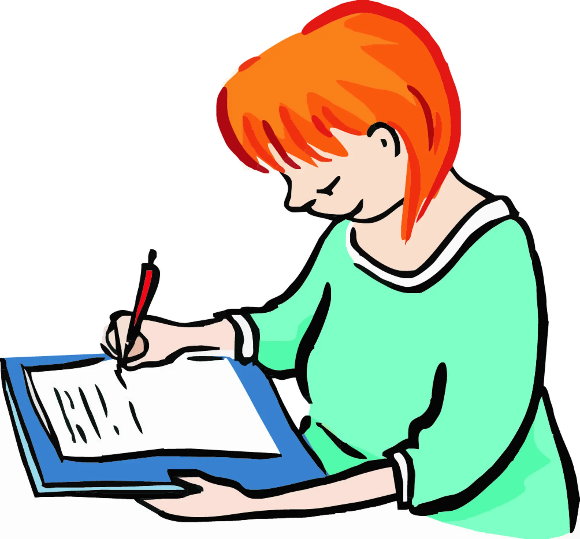 Eine Illustration von einer Frau, die am Tisch sitzt und sich Notizen auf einem großen Blatt Papier macht