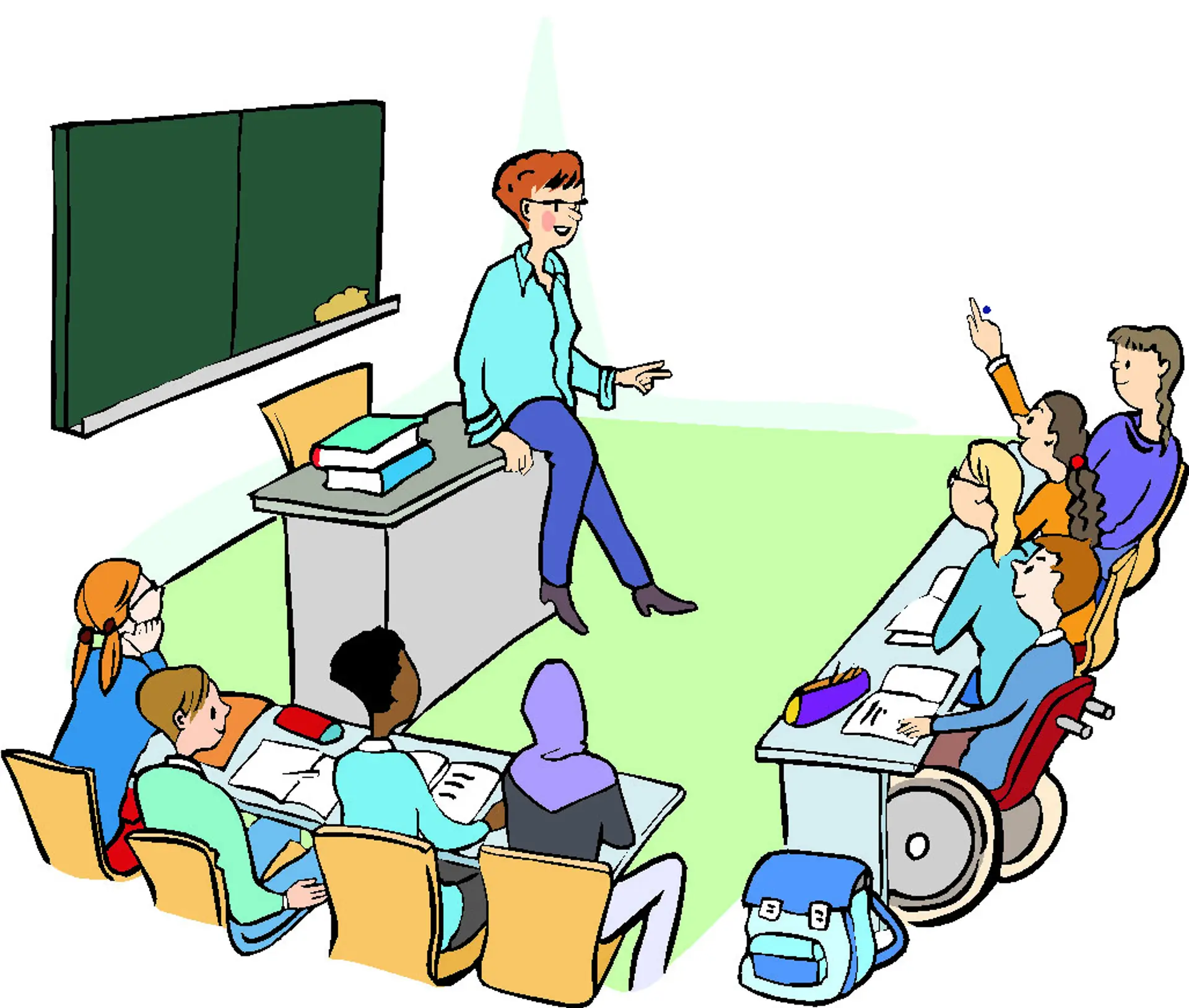 Illustration von einer Lehrkraft, die in der Mitte des Klassenraums vor der Tafel steht und mit der Klasse spricht. Die Klasse besteht aus Kindern mit und ohne Beeinträchtigung