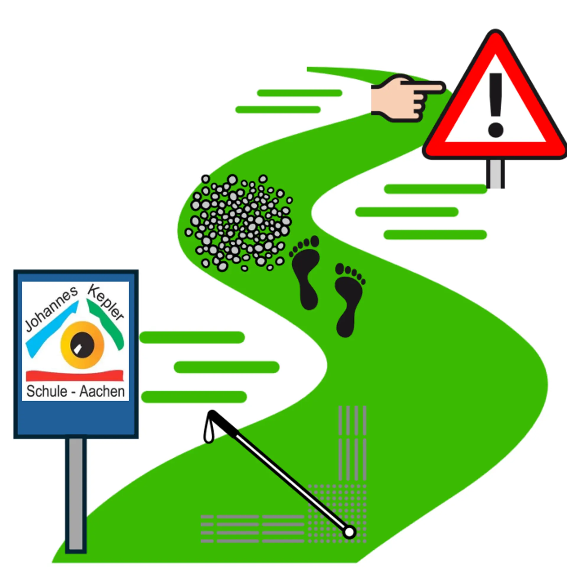 Symbolbild des Familientags der Frühförderung: grüner Weg mit taktilen Elementen und Stolperfallen