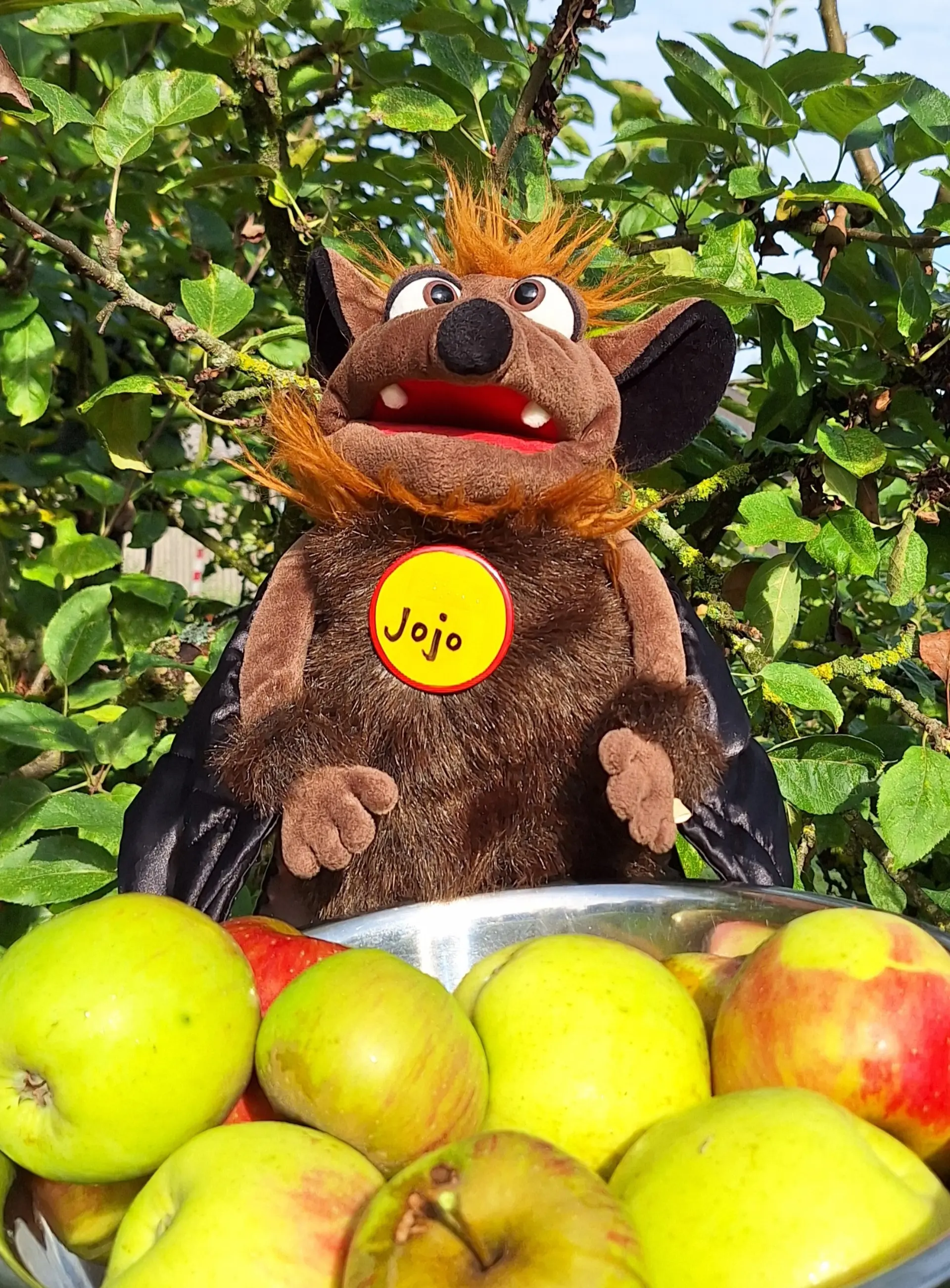 Klassentier Jojo die Fledermaus der Primarstufe mit Äpfeln