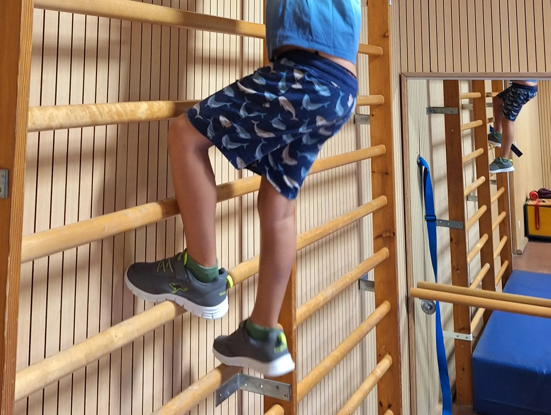 Sportunterricht in der Primarstufe: Kind klettert in Turnhalle auf Sprossenwand